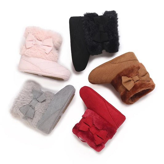 Cute Bowknot Comfortable Boots for Baby Girls, Soft Warm Plus Fleece Boots for Indoor Walking, Autumn and Winter