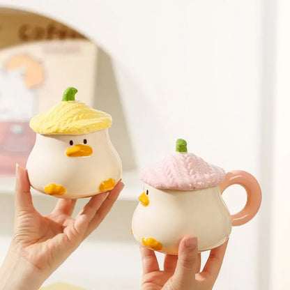 Cute Cartoon Duck Ceramic Mug with Lid & Spoon – 400ml (13.5 fl oz) Coffee Cup for Home & Office