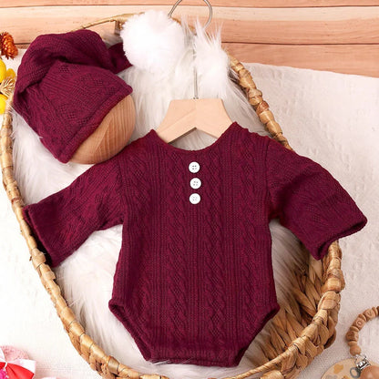 Ylsteed 2-Piece Set Newborn Photo Shooting Clothes – Knitted Baby Boy Jumpsuit with Pompom Hat Infant Photography Props