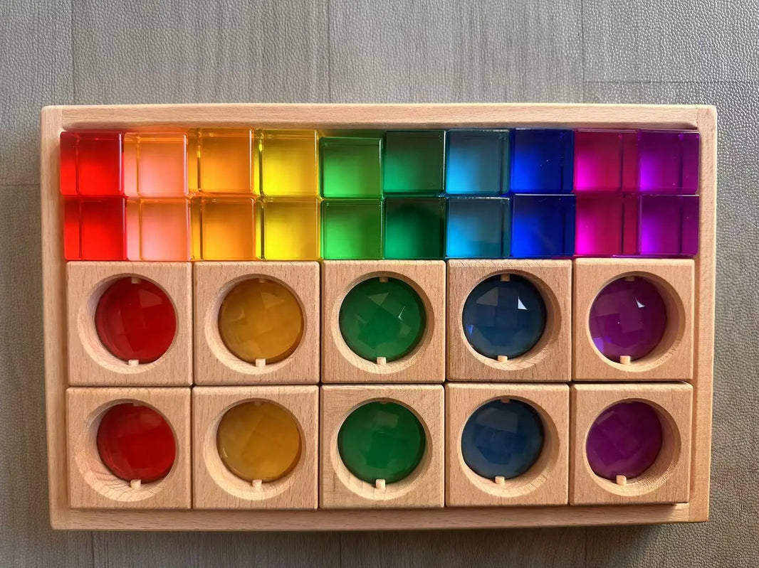 Wooden Montessori See-Through Blocks – Mixed Acrylic Gems Toy for Kids, Open Play Educational Toy