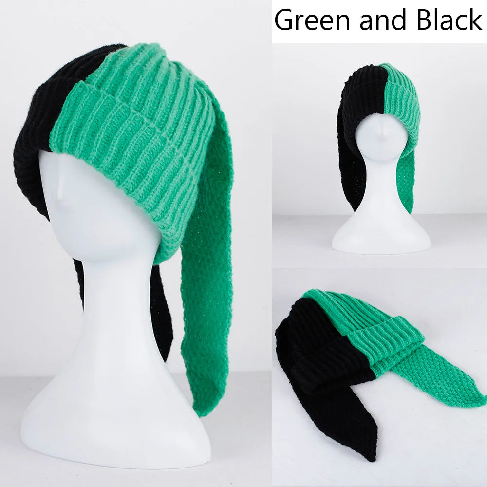 Rabbit Ears Knit Beanie – Colorblock Patchwork Cute Warm Unisex Winter Hat for Men & Women