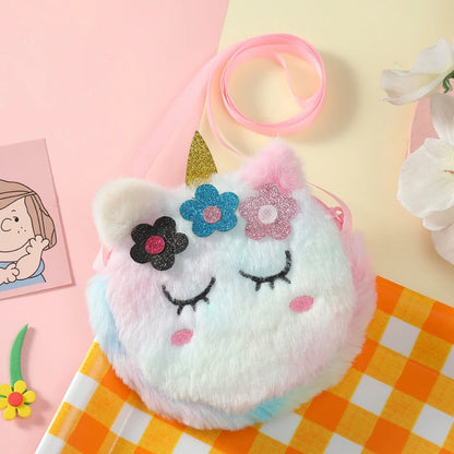 Children’s Cross-Body Bag Plush Unicorn Cartoon Coin Purse Cute Girl Flower Shoulder Bag Portable - Kidzy Market