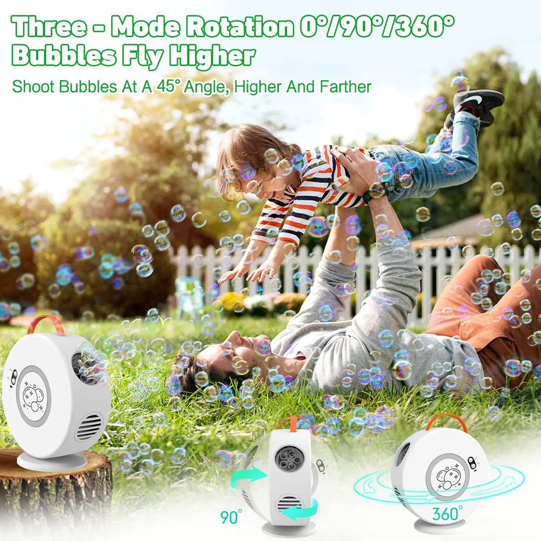 Automatic Bubble Machine — 360° Rotating Portable Bubble Blower, Battery-Powered Bubble Maker for Outdoor Parties & Weddings