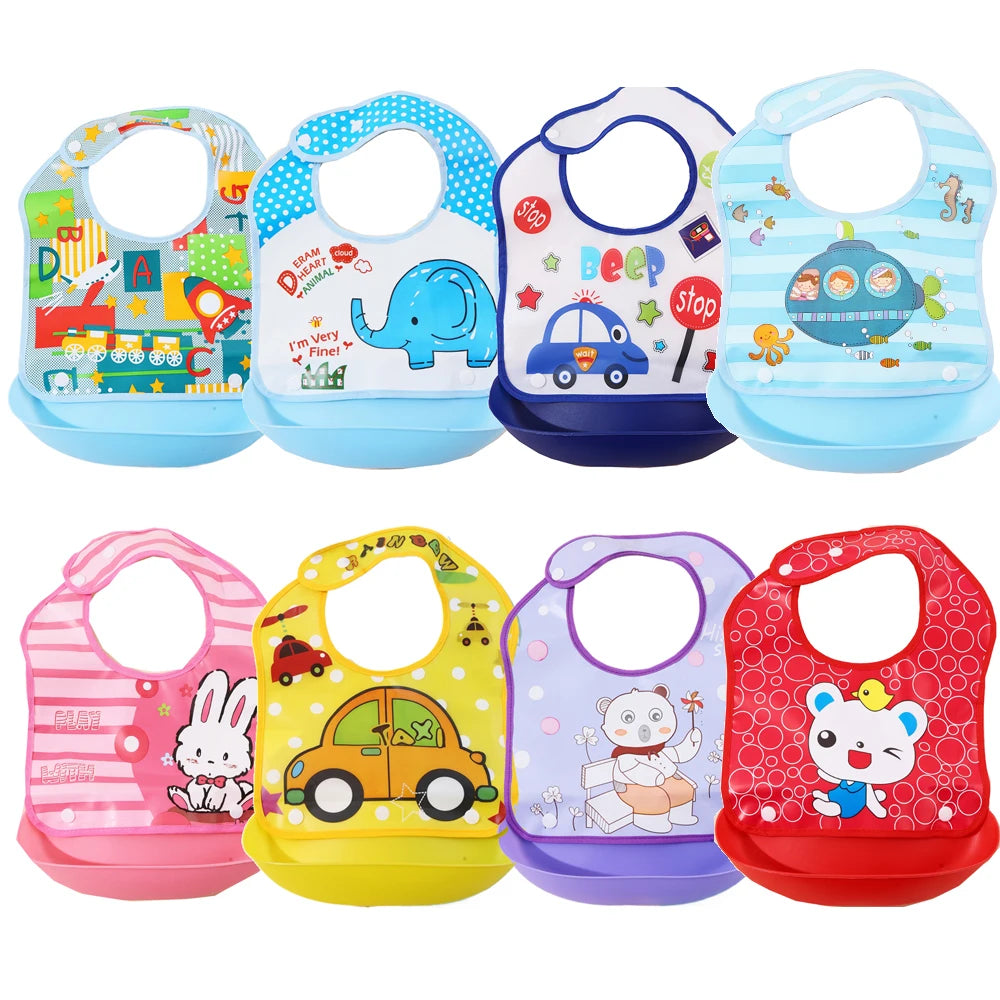 Security Cartoon Print Baby Bibs for Boys & Girls | Waterproof Soft Silicone Kids Burp Cloth with Pocket, Feeding Bib for Children - Kidzy Market
