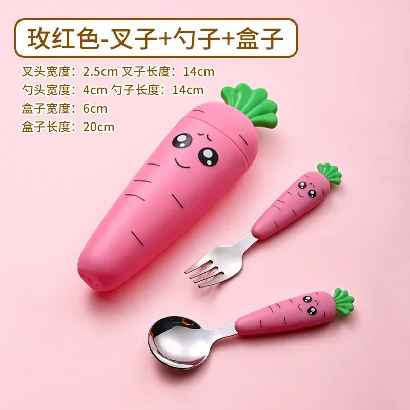 Carrot Shape Kids Fork and Spoon Set - Stainless Steel Baby Feeding Utensils, Cartoon Cutlery for Toddlers & Children