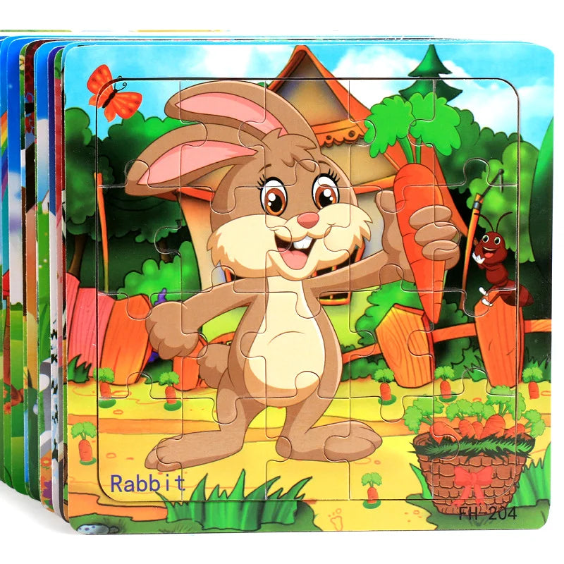 New 20 Piece Wooden 3D Puzzle, Cartoon Animal & Vehicle Jigsaw, Montessori Educational Toy for Kids, Baby 1-3 Years