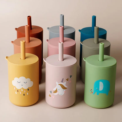 Baby Feeding Drinkware Straw Cup, Cartoon Learning Feeding Cup, Food Grade Silicone Toddler Water Bottle, BPA-Free Tableware