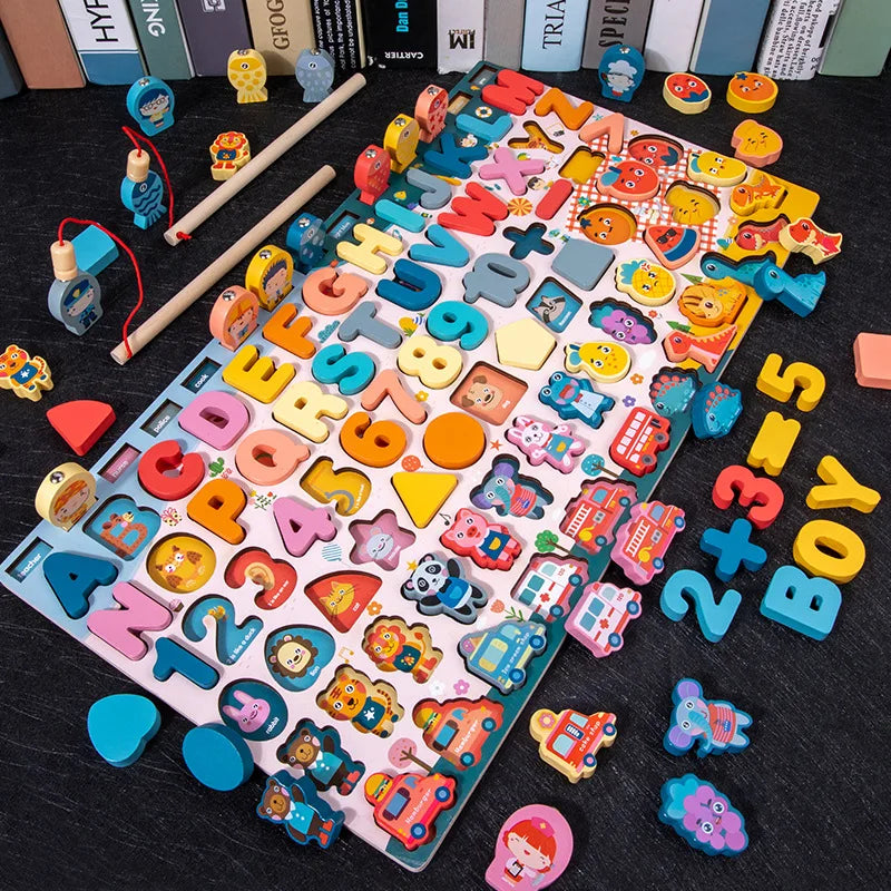 Montessori Wooden Math Toy – Busy Board with Counting, Shape, Color Matching, and Fishing Puzzle for Kids