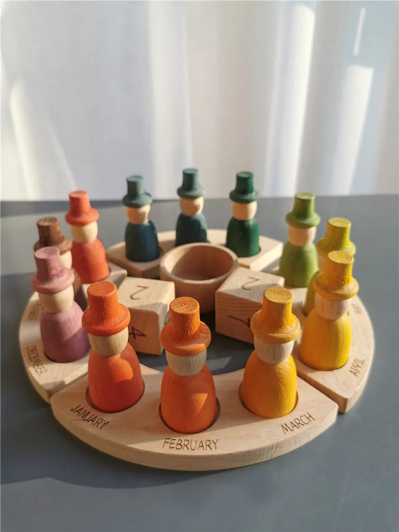 Wooden Beech Rainbow Calendar & Peg Dolls – Stacking Blocks and Wizard Figurines Toy for Kids