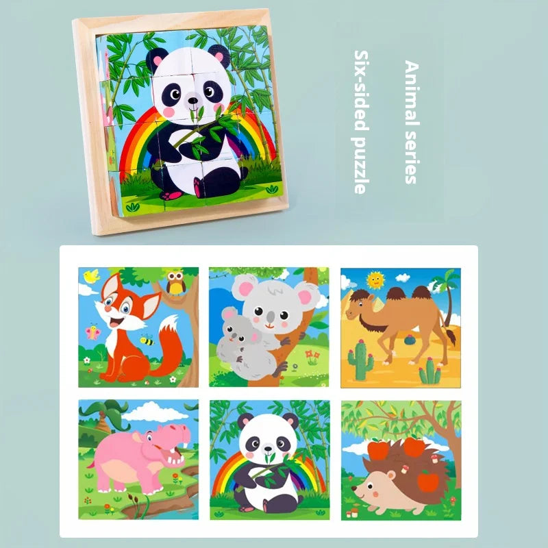 Six-Sided Painted Wooden Puzzle – 3D Traffic & Animal Building Blocks, Early Education Educational Toy for Kids