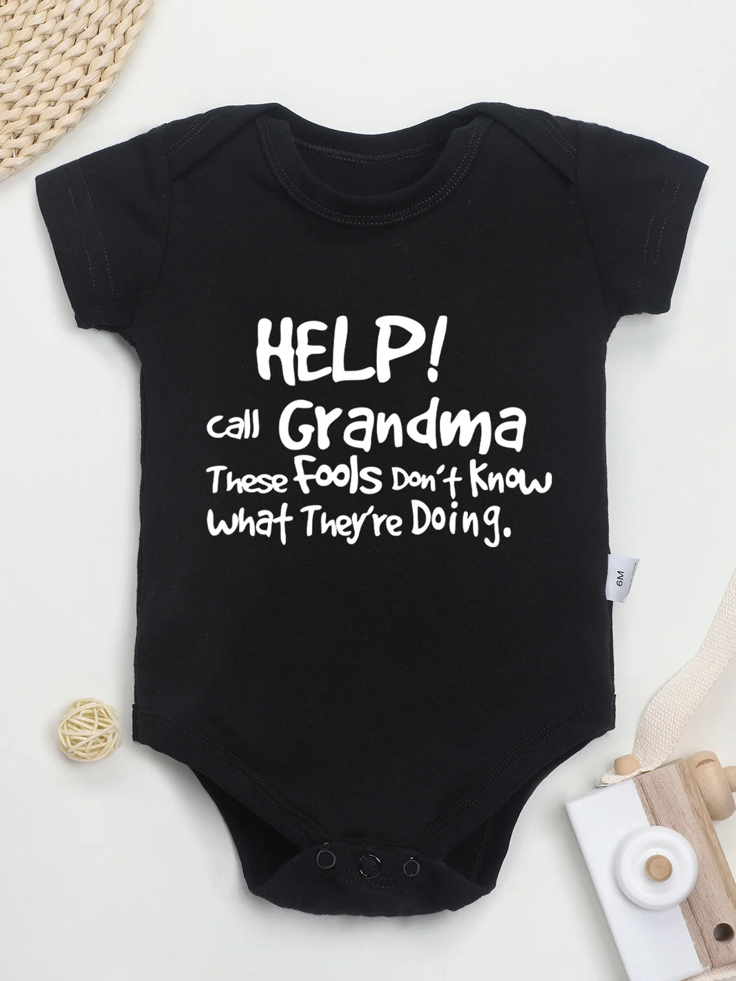 “Help Call Grandma” Letter Print Newborn Infant Rompers – Cute Short Sleeve Toddler Jumpsuit – Fashion Baby Boy & Girl Bodysuit