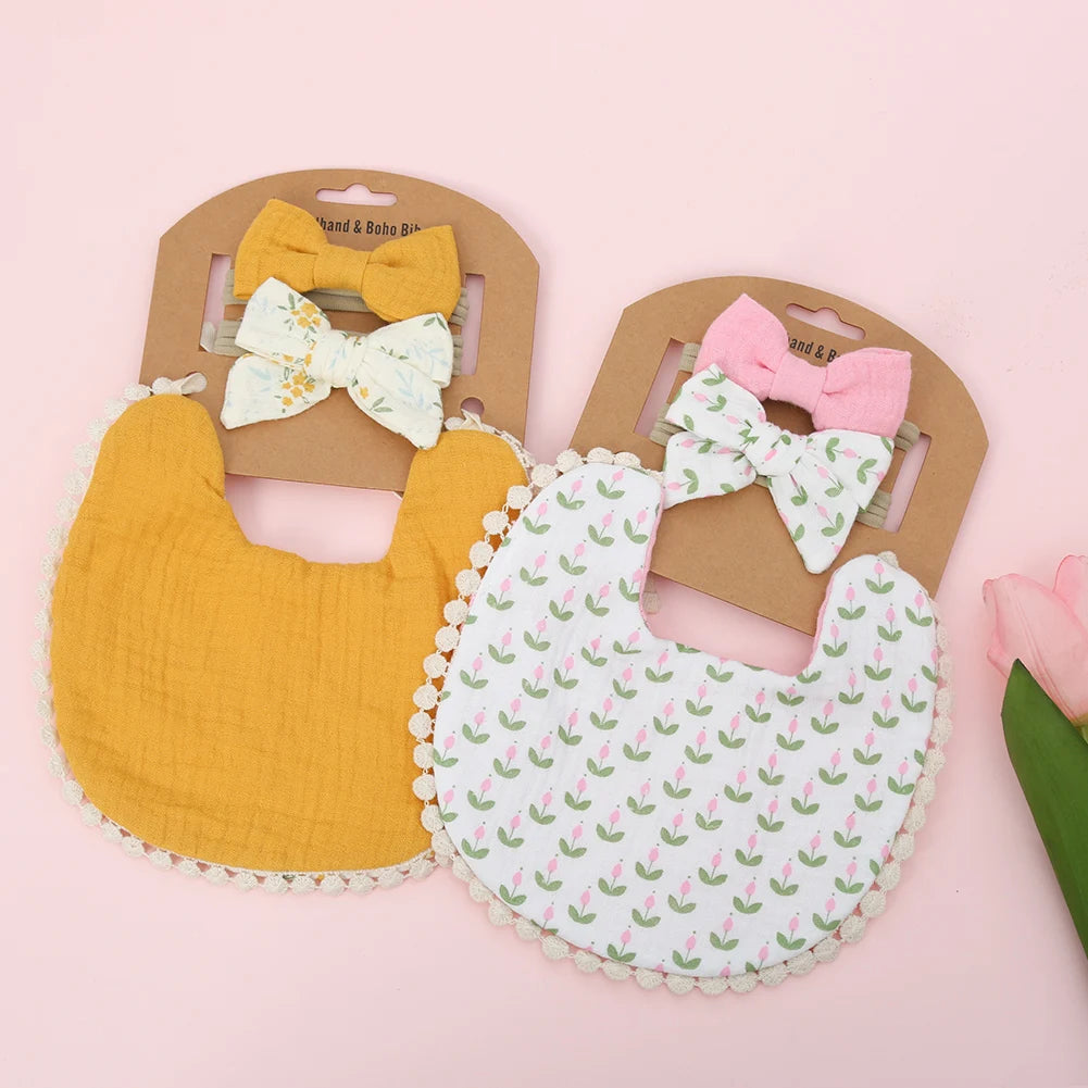 3-Piece Set – Baby Flower Bibs & Headbands, Bow Nylon Hairbands, Double-Side Saliva Towel & Feeding Burp Cloth for Boys & Girls - Kidzy Market