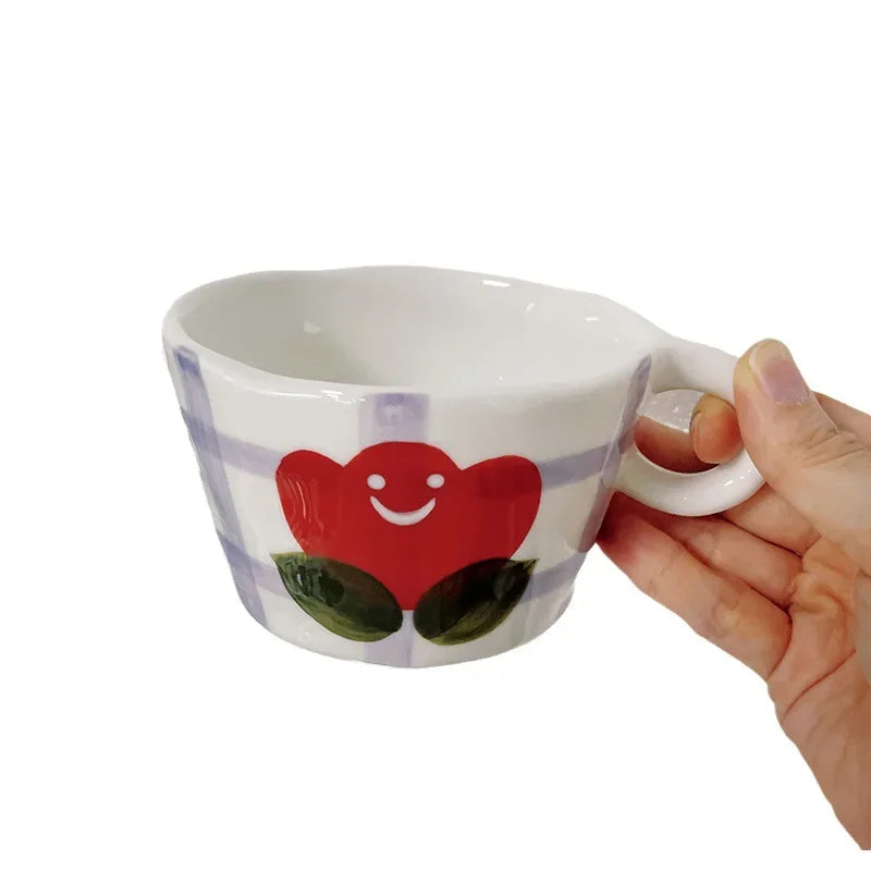 300ml (10 fl oz) Hand-Pinched Irregular Ceramic Mug – Cute Strawberry & Flower Coffee Cup, 10.3×6.2 cm (4.06×2.44 in) Gift for Kids & Girls