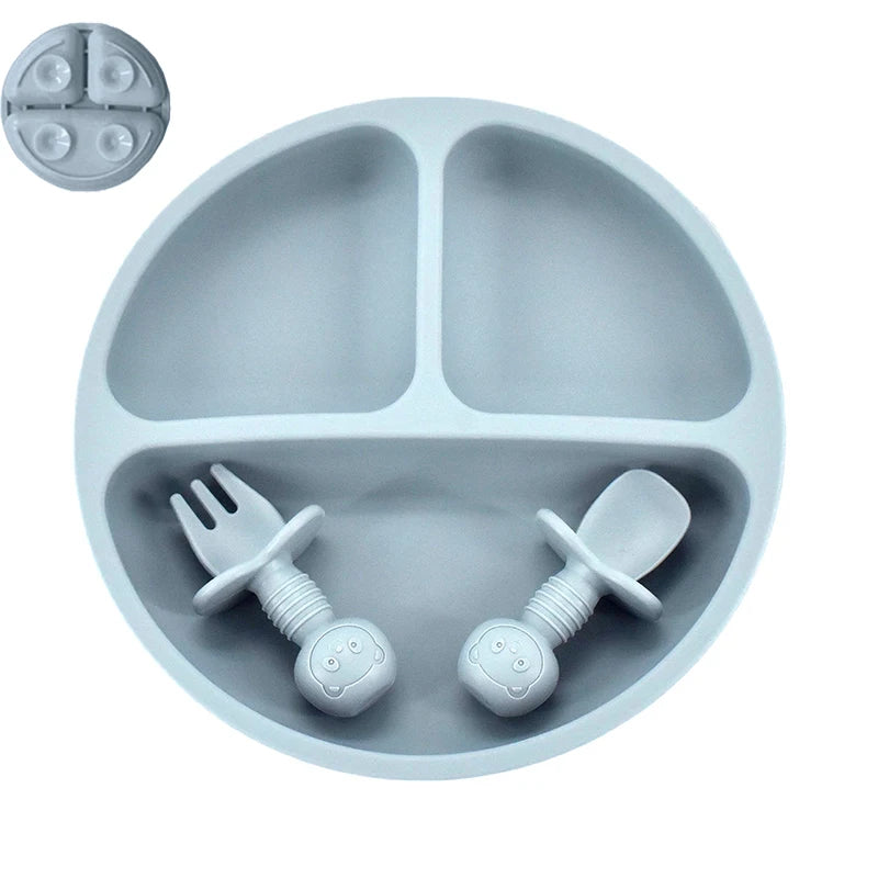 4Pcs Baby Safe Silicone Dining Plate Set - Cute Cartoon Smile Face Children Dishes, Retro Kids Tableware Set (BPA-Free)