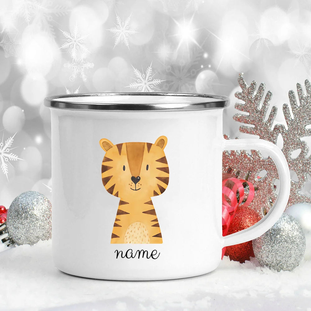 Personalized Kids Enamel Camping Mug — Forest Animals Children's Name Cup, Eco-Friendly Enamel Mug