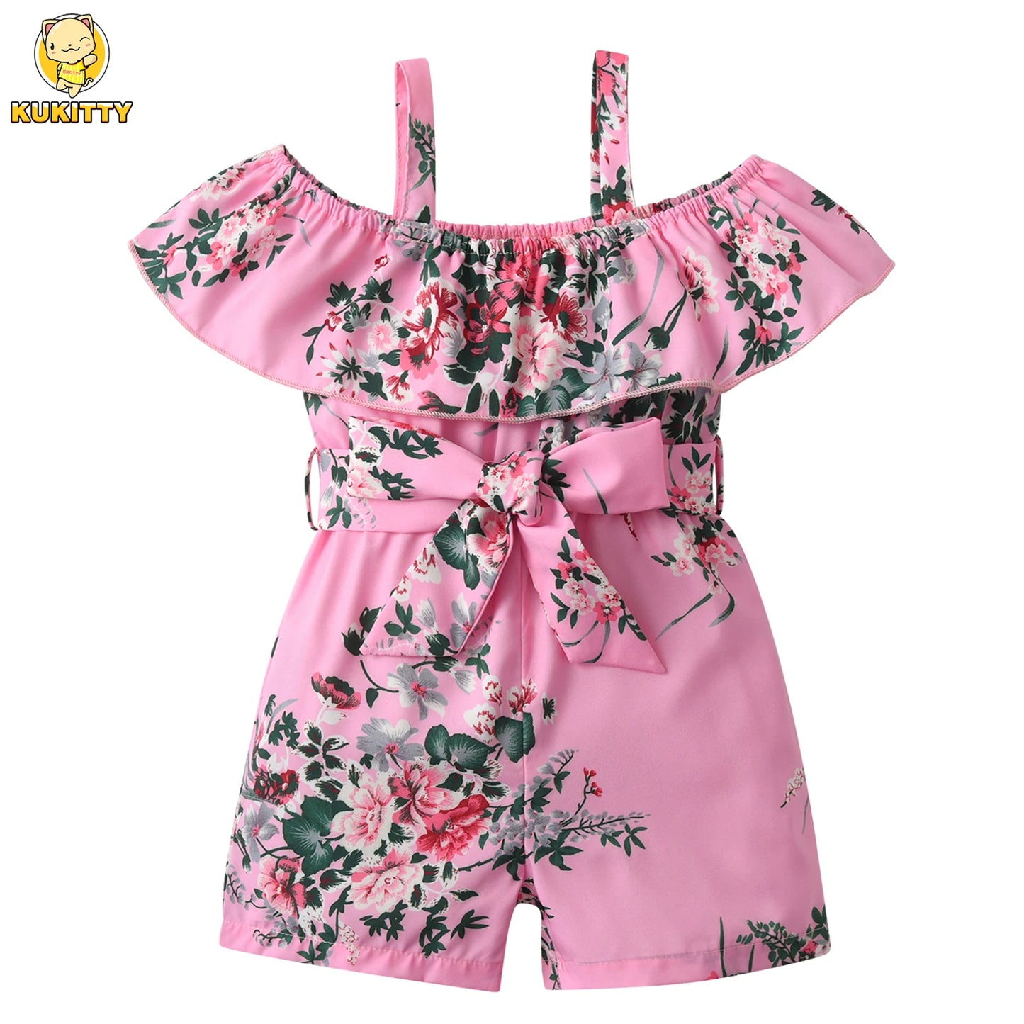 Girls' Summer Floral Jumpsuit – Ruffled Camisole Romper with Lace-Up Detail (Resort Style, 1-5 Years)