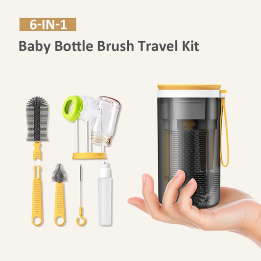 6-in-1 Portable Baby Bottle Brush Kit – Travel Feeding Bottle Cleaning Set, Nursing Bottle Cleaner