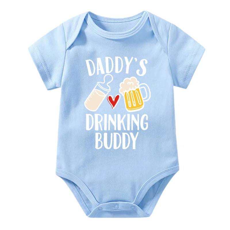Funny "Daddy's Drinking Buddy" Newborn Baby Romper – Short Sleeve Cotton Bodysuit, Casual Summer Outfit, Perfect for Father's Day Gifts