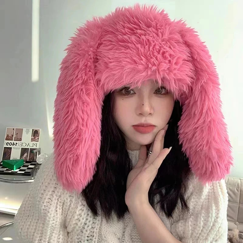 Women's Faux Fur Rabbit Ear Balaclava Hat - Bomber Ski Mask Beanie, Y2K Skullie & Halloween Accessory