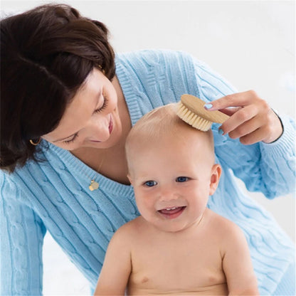 Newborn Baby Hair Bath Brush Comb - Natural Wooden Soft Wool Head Brush - Infant Head Massager - Portable Comb