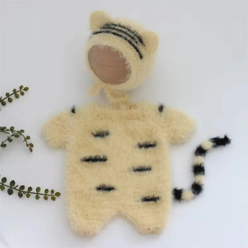 3pcs Baby Furry Tiger Costume Newborn Photography Set, Cute Animal Footed Jumpsuit, Hat & Tail, Infant Boy Girl Photo Prop Outfit