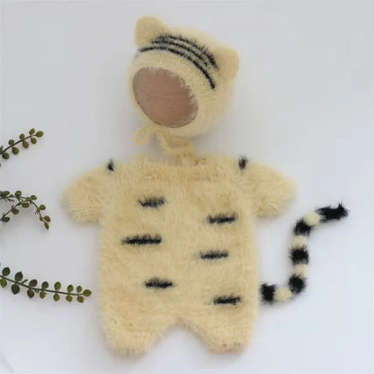 3pcs Baby Furry Tiger Costume Newborn Photography Set, Cute Animal Footed Jumpsuit, Hat & Tail, Infant Boy Girl Photo Prop Outfit