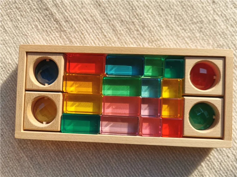 Wooden Montessori See-Through Blocks – Mixed Acrylic Gems Toy for Kids, Open Play Educational Toy