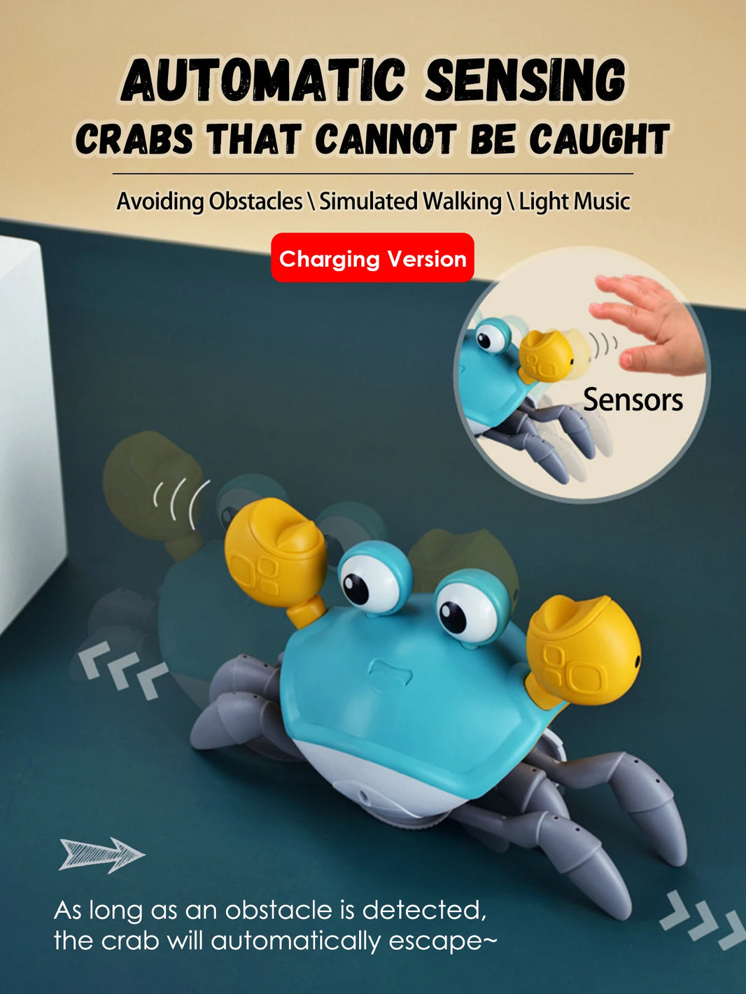 Charging Escape Crab Toy, Auto-Sensing Electronic Pet for Kids, Crawling & Obstacle Avoidance with Music
