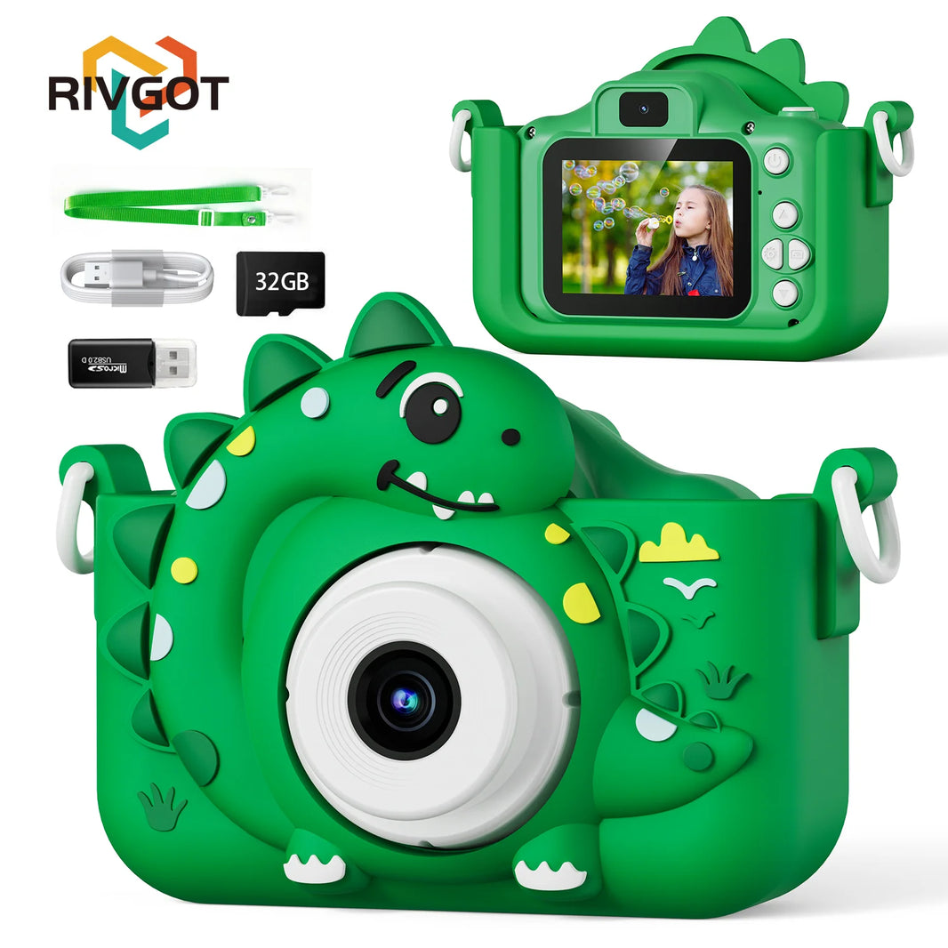 Kids Digital Camera with 32GB Card, 1080P HD Screen, Outdoor Cartoon Dinosaur Design, Photo and Video Toy, Birthday Gift