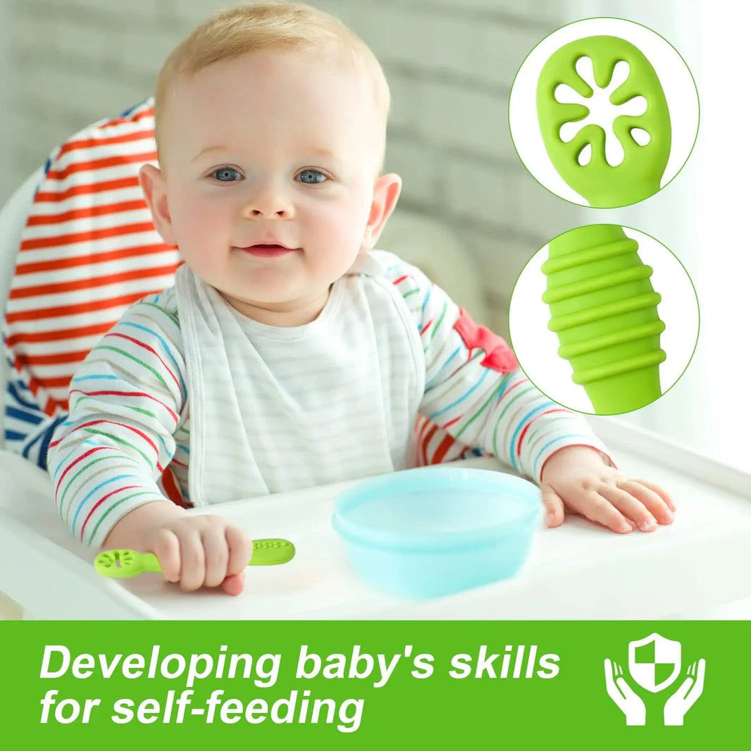2PCS Silicone Baby Spoons Set – First Stage Utensils for Baby Led Weaning – Chew Training Spoons for Self-Feeding – Soft & Safe Baby Feeding Utensils