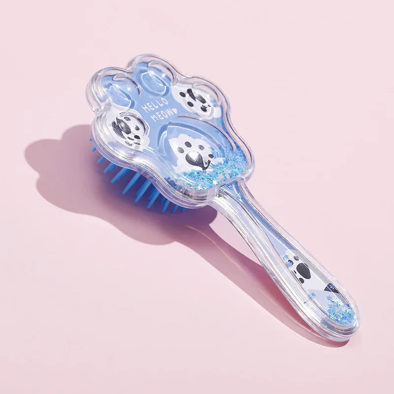 1 Piece Transparent Cartoon Kids Hair Brush – Glitter Cat Paw Massage Cushion Comb for Girls, Children's Hair Care Tool