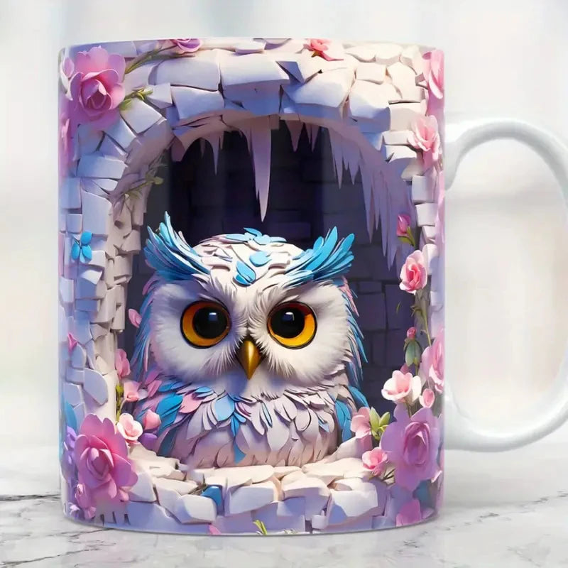 3D Owl Coffee Mug Wrap – 11 oz (350 ml) Ceramic Sublimation Tea & Milk Cup, Surprise Gift for Kids