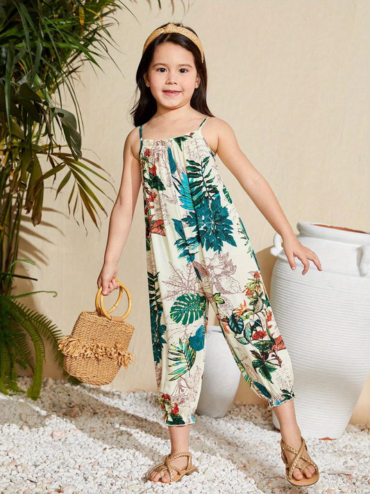Girls’ Tropical Plant Print Cami Jumpsuit – Loose Casual Vacation Romper (Summer Outfit, 2-6 Years)