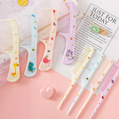 2Pcs/Set Cute Kids Hairdressing Comb - Anti-static Pointed Tail Comb for Girls - Whale Dinosaur Giraffe Unicorn Hair Comb