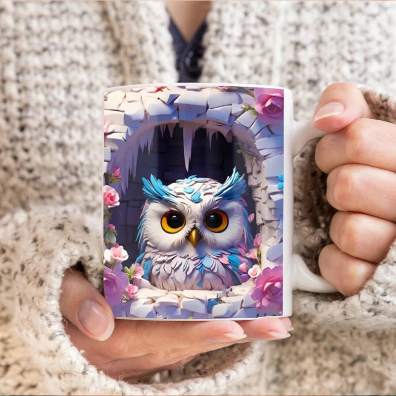 3D Owl Coffee Mug Wrap – 11 oz (350 ml) Ceramic Sublimation Tea & Milk Cup, Surprise Gift for Kids