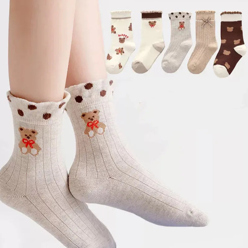 5 Pairs Cartoon Bear Children’s Middle Tube Socks - Autumn & Winter Keep Warm Sport Socks for Girls & Boys | Baby Cotton Socks for Kids