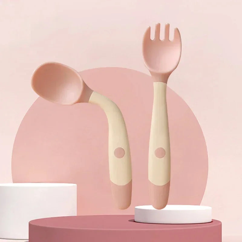 Baby Children Spoon & Fork Set - Soft Bendable Silicone Scoop Fork Kit, Toddler Training Feeding Cutlery, Baby Utensils Tableware