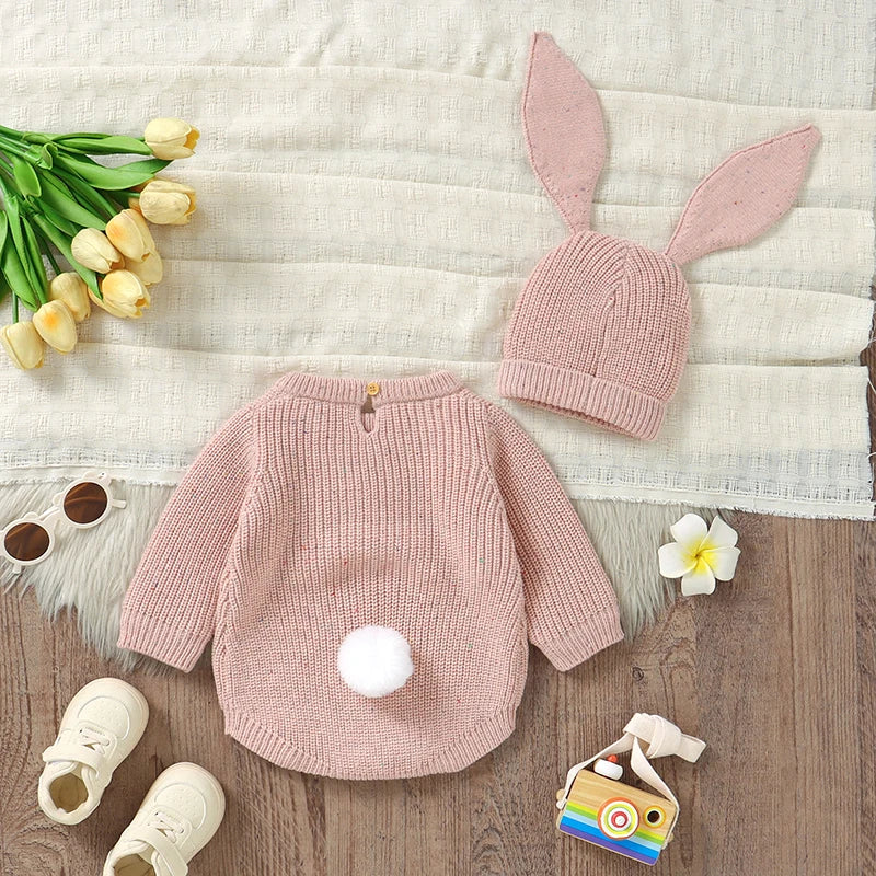 Newborn Baby Bodysuit – Knit Long Sleeve Infant Jumpsuit with Cute Rabbit Ears – Fashion Toddler Boy & Girl Clothing for Spring (0-12M)