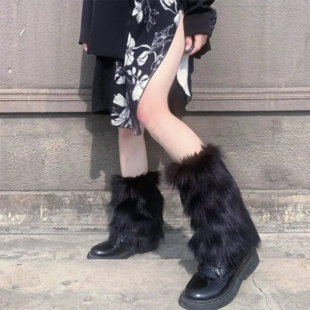 Japanese White Faux Fur Leg Warmers - Boot Covers | Y2K Goth Solid Leg Socks | Punk JK Knee-Length Hiphop Hotgirl Fashion Warm Socks