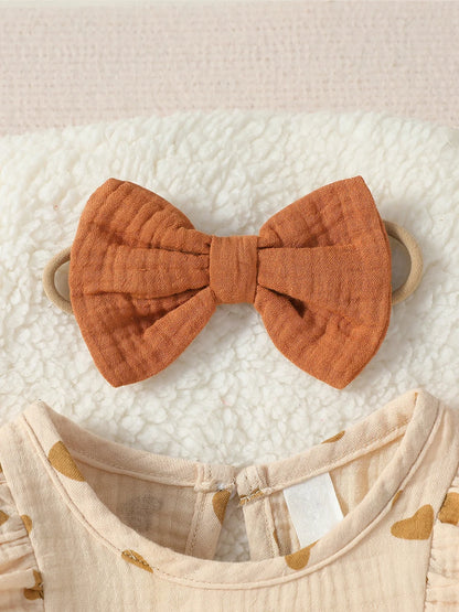 Baby Girl Summer Jumpsuit – Short Sleeve Heart Print Romper with Bow & Headband (Newborn-9M, 2024 Streetwear)