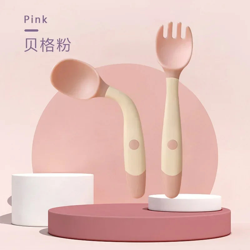 Baby Spoon & Fork Set - Soft Bendable Silicone Scoop Fork Kit, Toddler Training Feeding Cutlery, Children Tableware Utensils