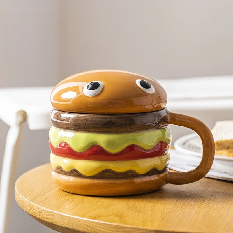 300ml (10 fl oz) Ceramic Hamburger Mug with Lid — Cute Cartoon Kids Coffee, Milk & Breakfast Cup
