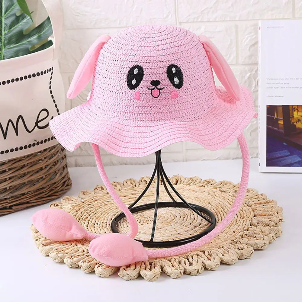 Kids Straw Sun Hat with Pop-Up Bunny Ears — Wide Brim 6.5 cm (2.6 in), 54 cm (21.3 in) Head — UPF 50+ Unisex Beach & Summer Hat, TikTok-Trending