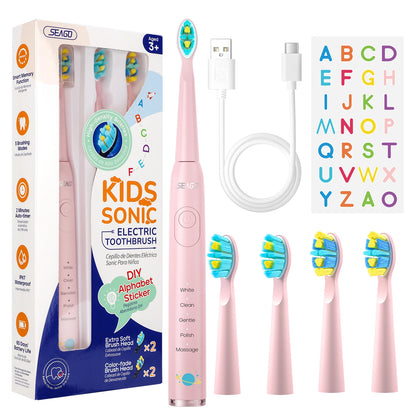 Seago Kids Electric Toothbrush for 6+ Years - 5 Modes Rechargeable IPX7 Waterproof Sonic Toothbrush with Replacement Head SG-2303
