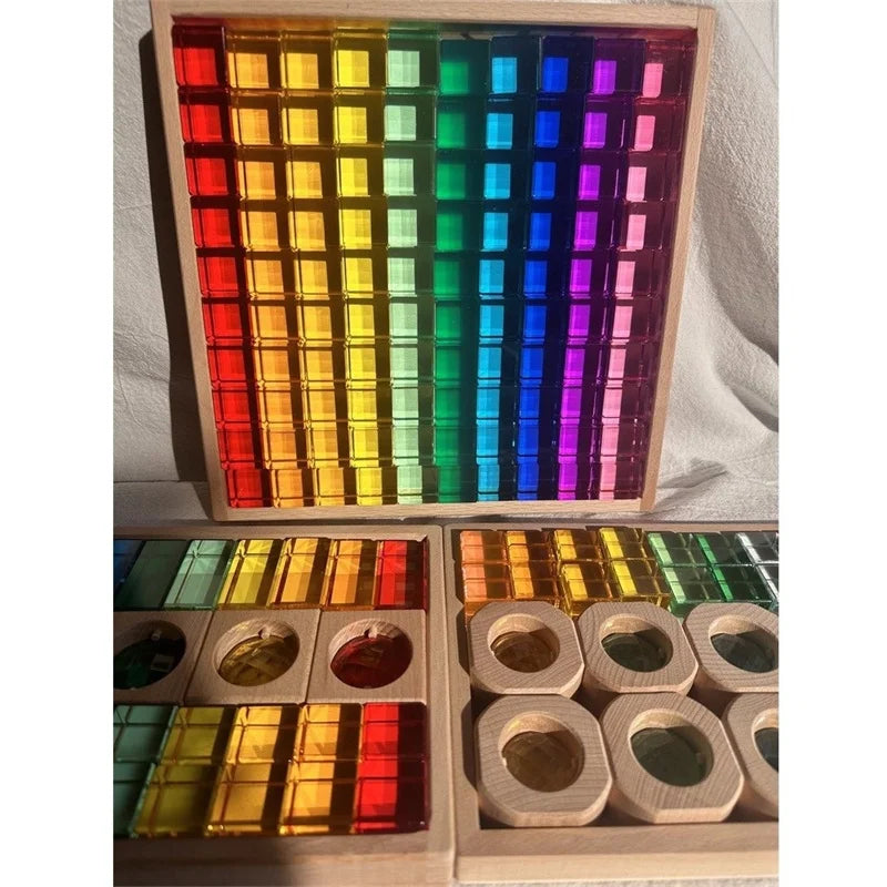 Wooden Montessori See-Through Blocks – Mixed Acrylic Gems Toy for Kids, Open Play Educational Toy