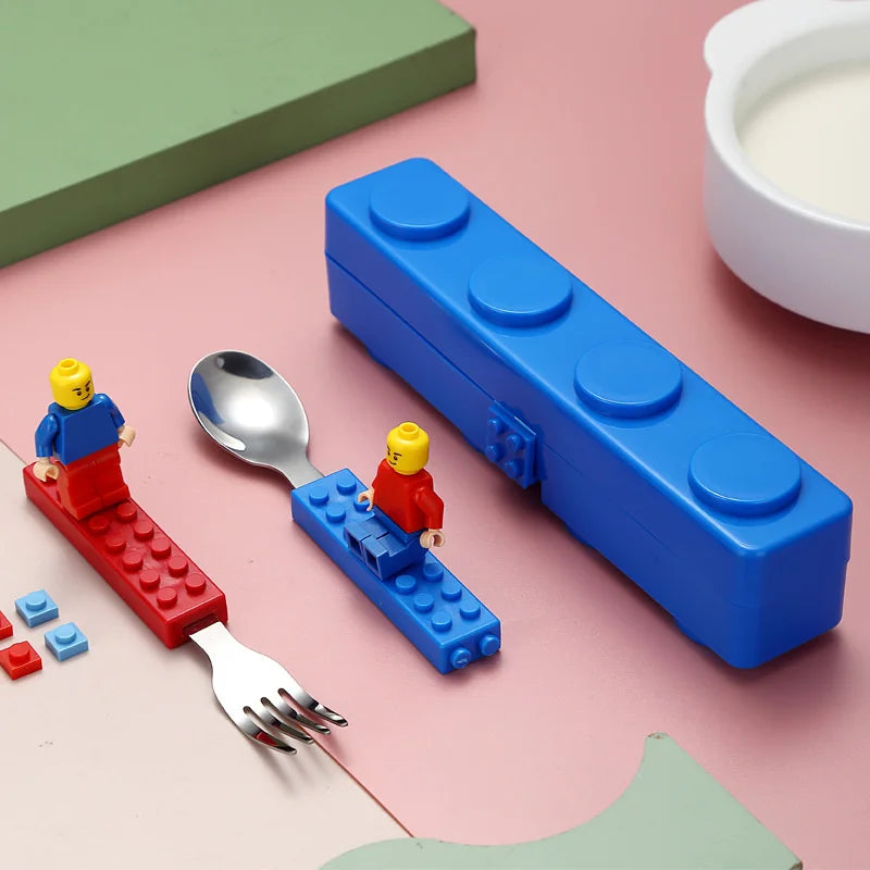 Children's Building Block Fork and Spoon Set with Storage Box - Stainless Steel Tableware, Jigsaw Toy Utensils, Perfect Kids Gift