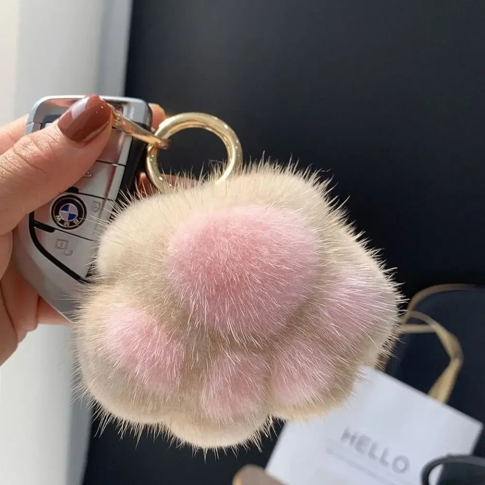 Fluffy Faux Fur Cat Paw Keychain, Plush Pendant for Backpack or Car