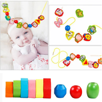 Montessori Baby DIY Wooden Toy – Cartoon Fruit and Animal Stringing with Threading Wooden Beads, Educational Toy for Kids Christmas Gift