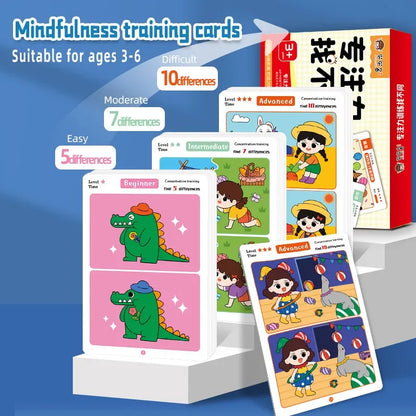 64Pcs Find the Differences Card Game – Reusable Wipeable Paper Puzzle with 3 Difficulty Levels, Educational Cartoon Game for Kids