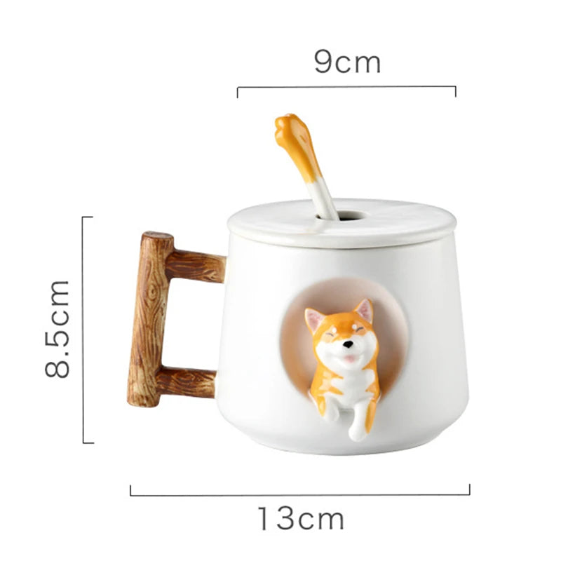 420ml (14.2 fl oz) 3D Shiba Inu Ceramic Mug with Lid & Spoon — Cute Cartoon Coffee & Milk Tea Cup, Gift for Girls